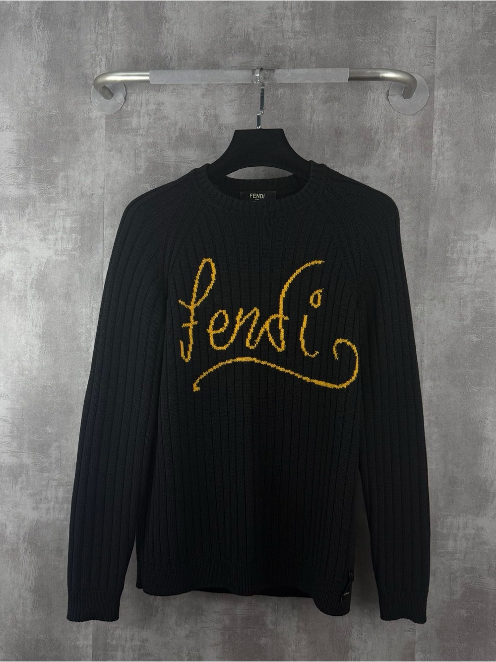 Fendi Black Ribbed Knit Sweater with Yellow Script Logo